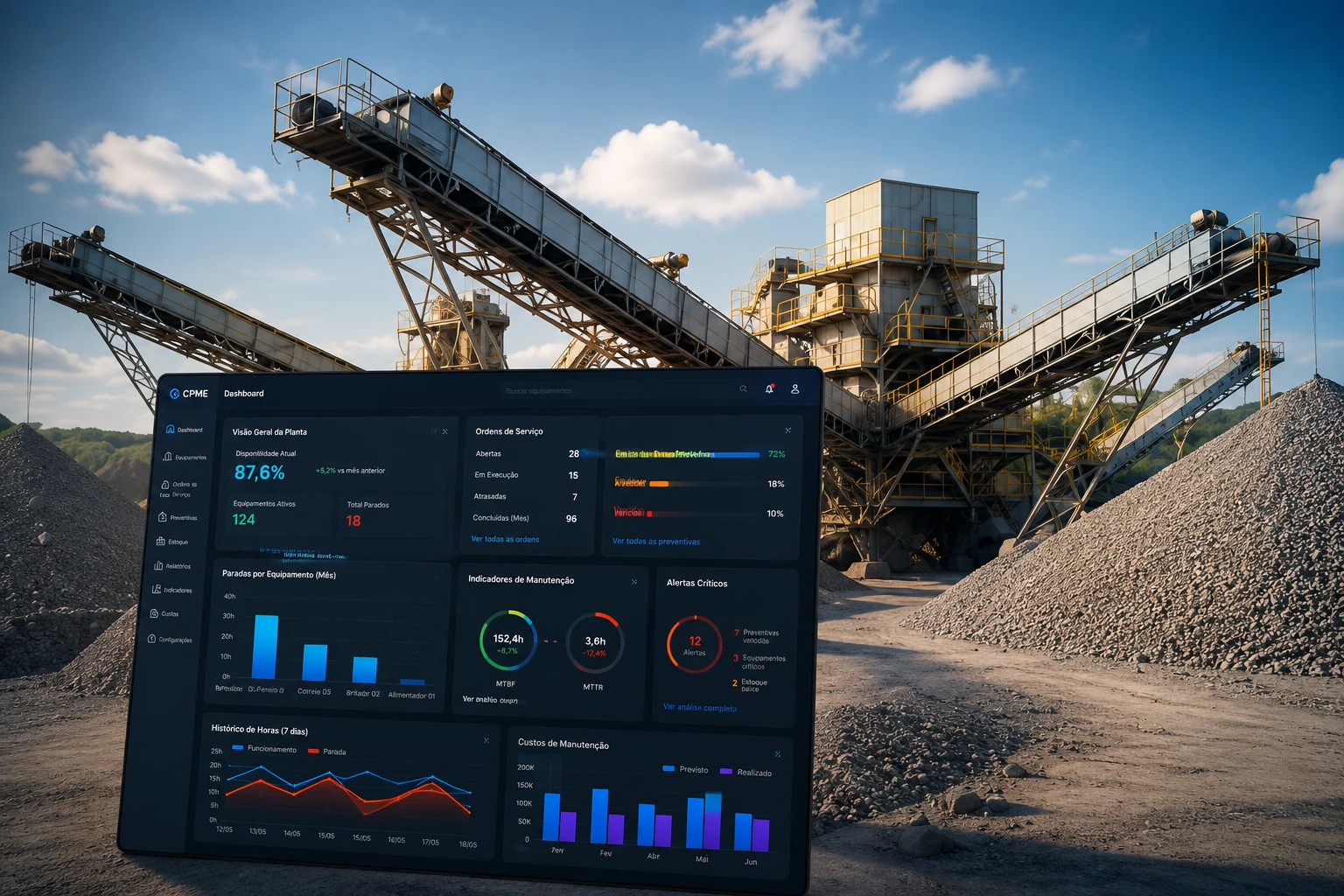 Dashboard do CPME aplicado a uma planta industrial de britagem e mineração.