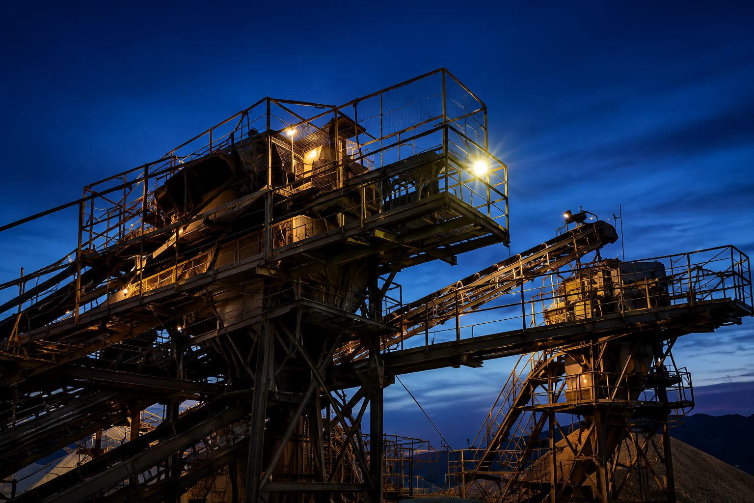 Estrutura de britagem e processamento mineral durante operação noturna