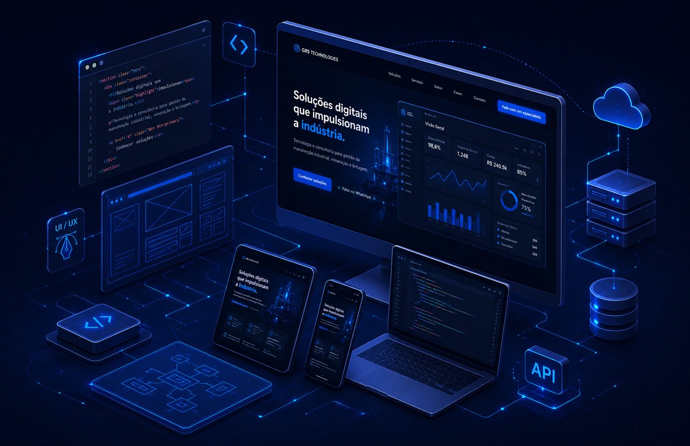 Ilustração de desenvolvimento web profissional: interfaces, código, dashboards e infraestrutura digital.
